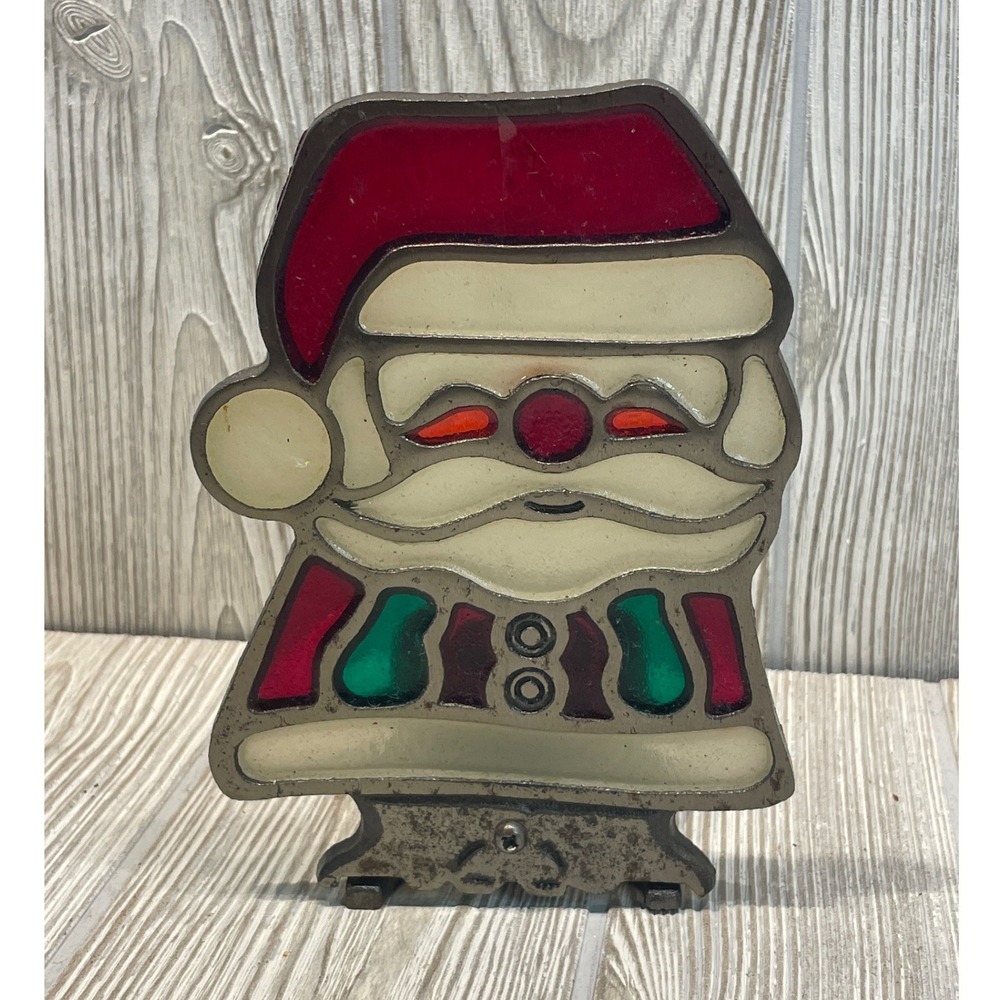 Vintage Santa Claus Stained Glass Style Cast Iron Votive Candle Holder Holiday